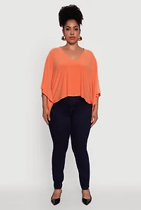Womens Plus Size Crepe Knit V Neck Crop Blouse, Orange, Size 2X