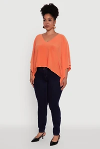 Womens Plus Size Crepe Knit V Neck Crop Blouse, Orange, Size 3X