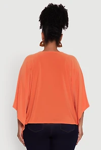 Womens Plus Size Crepe Knit V Neck Crop Blouse, Orange, Size 3X
