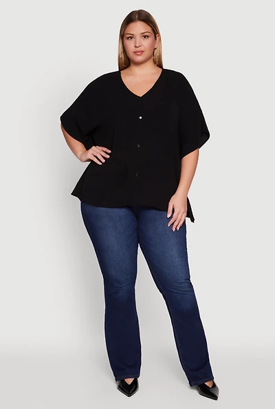 Womens Plus Crepe Knit Button Detail Dolman Sleeve Blouse,