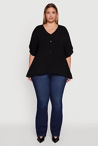 Womens Plus Crepe Knit Button Detail Dolman Sleeve Blouse,