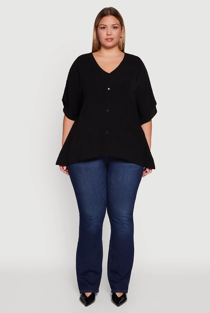 Womens Plus Crepe Knit Button Detail Dolman Sleeve Blouse, 1X