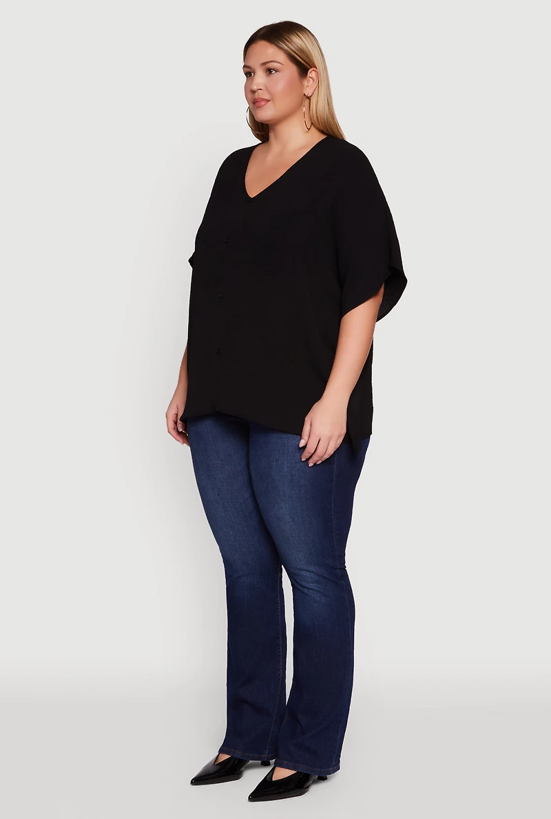Womens Plus Crepe Knit Button Detail Dolman Sleeve Blouse, 1X