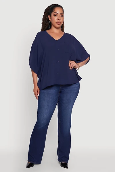 Womens Plus Crepe Knit Button Detail Dolman Sleeve Blouse,