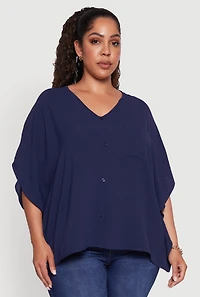 Womens Plus Crepe Knit Button Detail Dolman Sleeve Blouse, Blue,