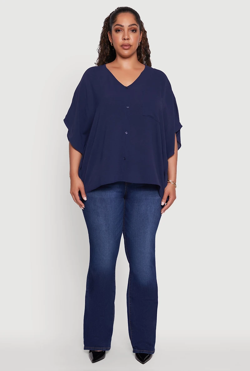Womens Plus Crepe Knit Button Detail Dolman Sleeve Blouse, Blue,