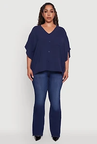 Womens Plus Crepe Knit Button Detail Dolman Sleeve Blouse, Blue,