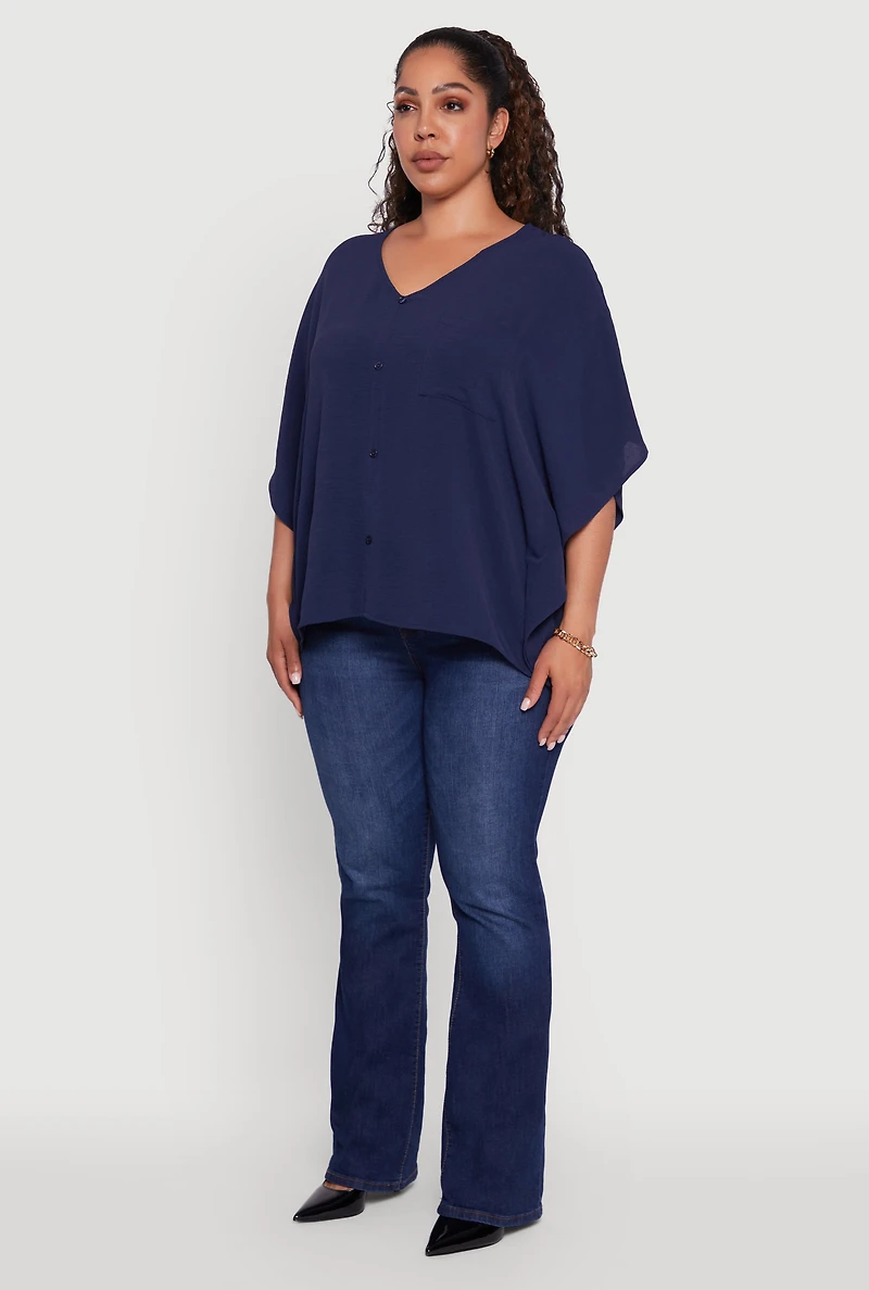 Womens Plus Crepe Knit Button Detail Dolman Sleeve Blouse, Blue,