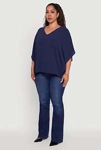 Womens Plus Crepe Knit Button Detail Dolman Sleeve Blouse, Blue,