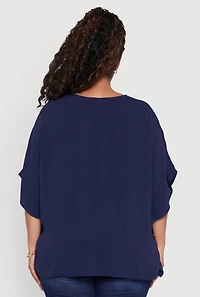 Womens Plus Crepe Knit Button Detail Dolman Sleeve Blouse, Blue,