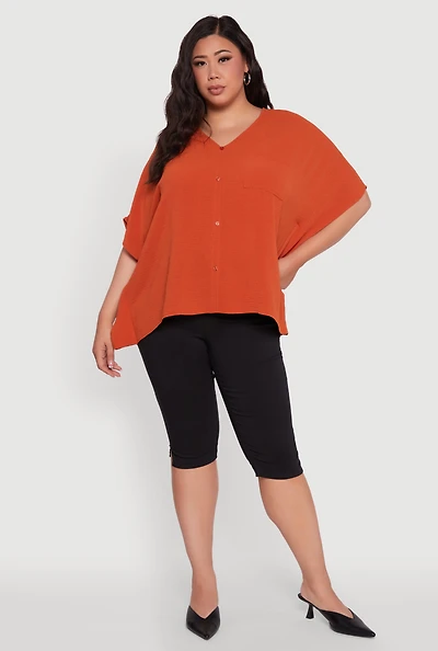 Womens Plus Size Crepe Knit Button Detail Dolman Sleeve Blouse, Orange, Size 3X