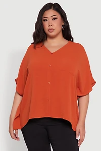 Womens Plus Size Crepe Knit Button Detail Dolman Sleeve Blouse, Orange, Size 3X