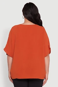 Womens Plus Size Crepe Knit Button Detail Dolman Sleeve Blouse, Orange, Size 3X