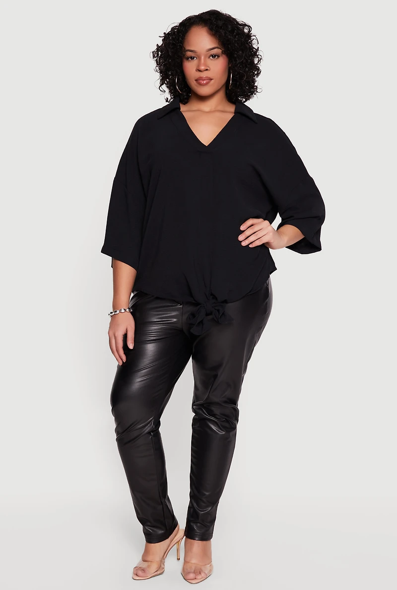 Plus V Neck Tie Front Blouse