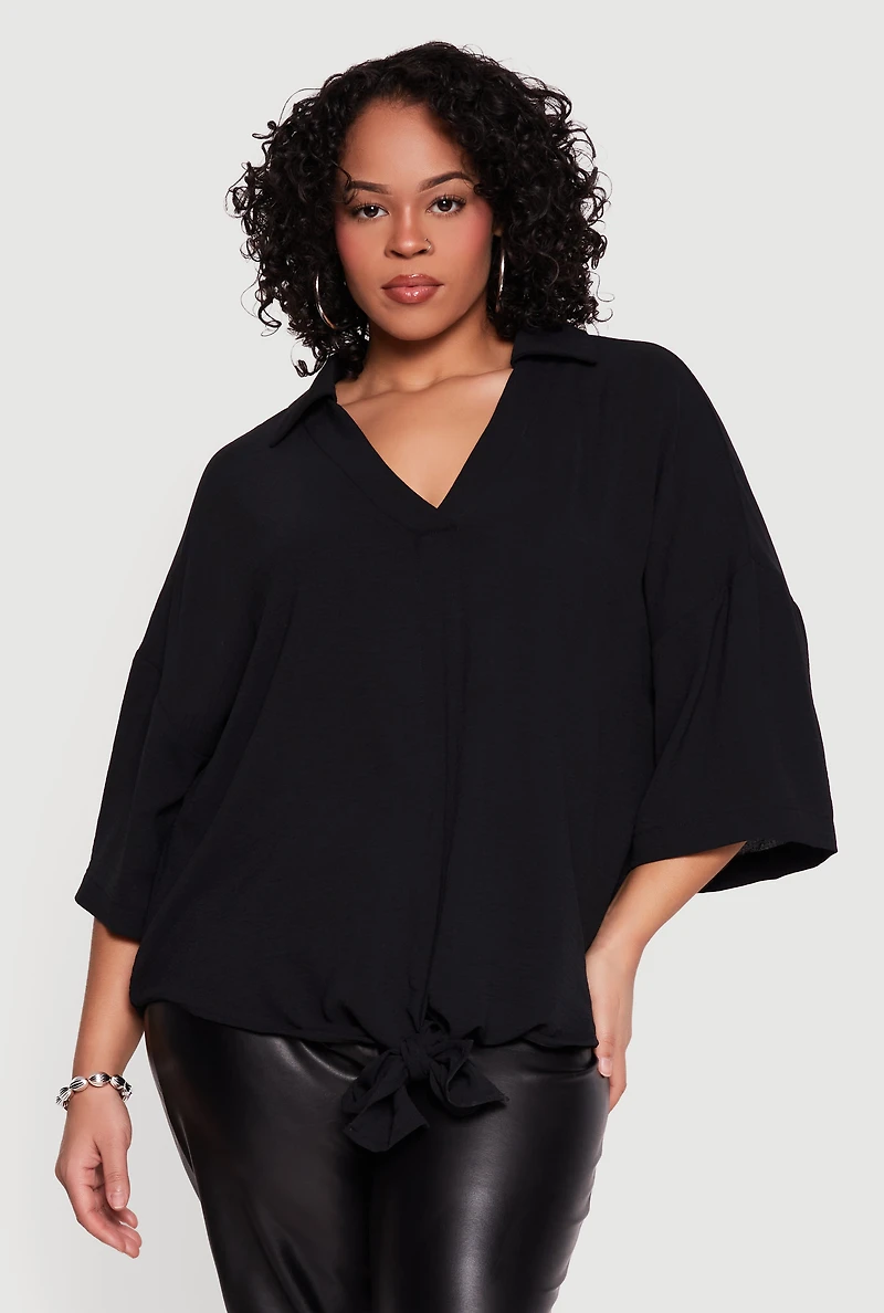 Plus V Neck Tie Front Blouse