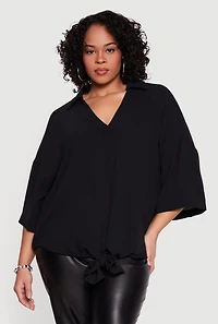 Plus V Neck Tie Front Blouse