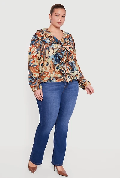 Plus Ruffle Trim Printed Pattern V Neck Blouse