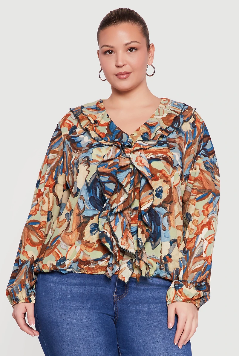 Plus Ruffle Trim Printed Pattern V Neck Blouse