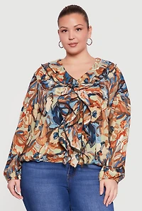 Plus Ruffle Trim Printed Pattern V Neck Blouse