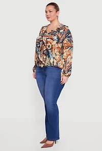 Plus Ruffle Trim Printed Pattern V Neck Blouse