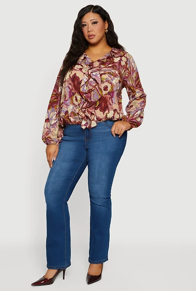 Plus Ruffle Trim Printed Pattern V Neck Blouse