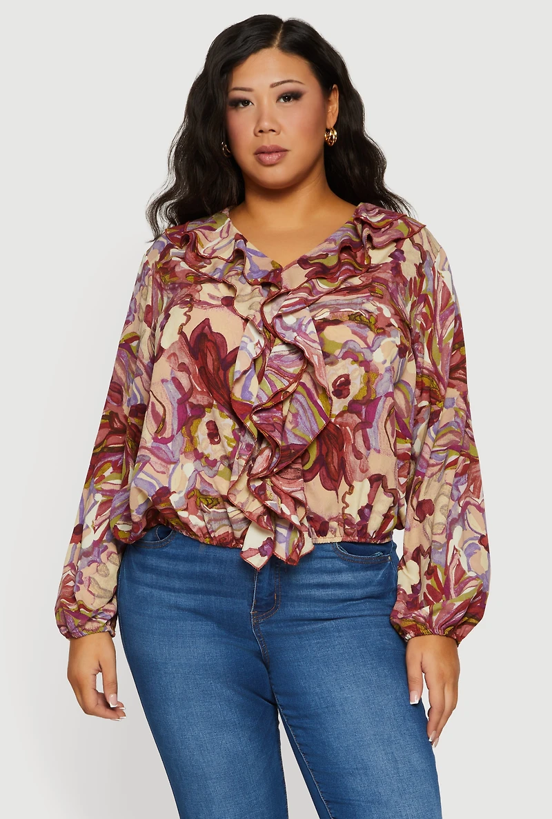 Plus Ruffle Trim Printed Pattern V Neck Blouse