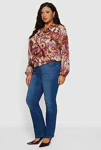 Plus Ruffle Trim Printed Pattern V Neck Blouse