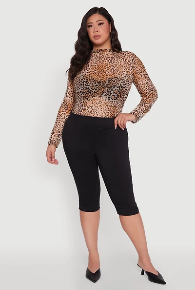 Womens Plus Animal Print Long Sleeve High Neck Mesh Blouse, Brown,