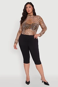 Plus Animal Print Long Sleeve High Neck Mesh Blouse