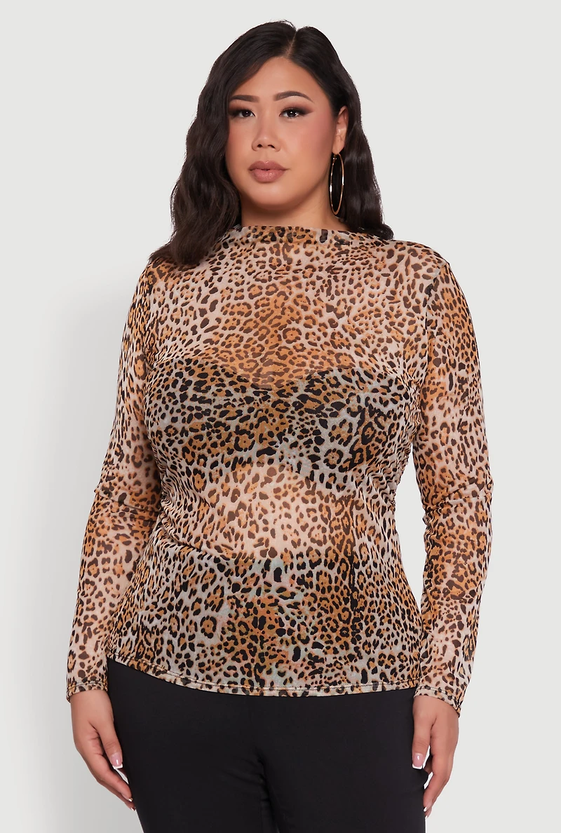 Womens Plus Size Animal Print Long Sleeve High Neck Mesh Blouse, Brown, Size 3X