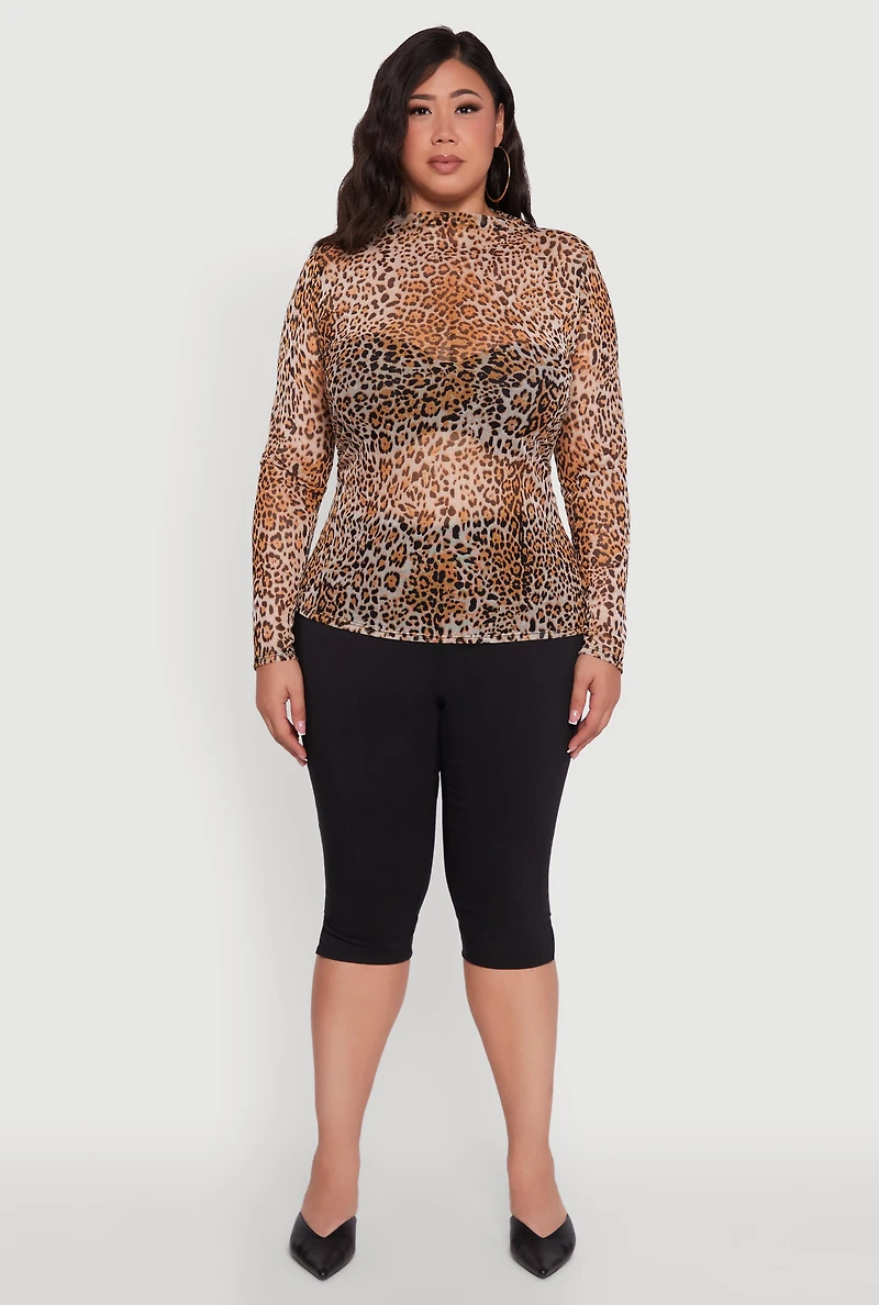 Womens Plus Size Animal Print Long Sleeve High Neck Mesh Blouse, Brown, Size 3X