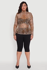 Womens Plus Size Animal Print Long Sleeve High Neck Mesh Blouse, Brown, Size 3X