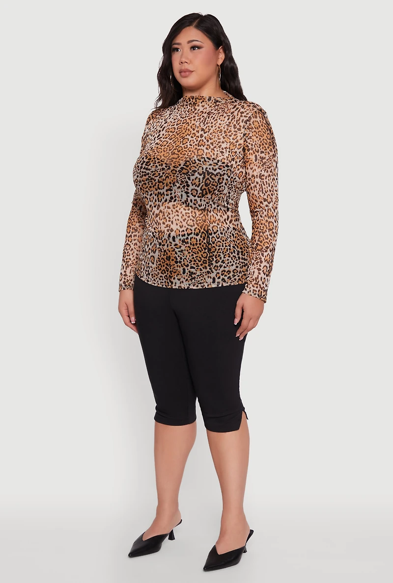 Womens Plus Size Animal Print Long Sleeve High Neck Mesh Blouse, Brown, Size 3X