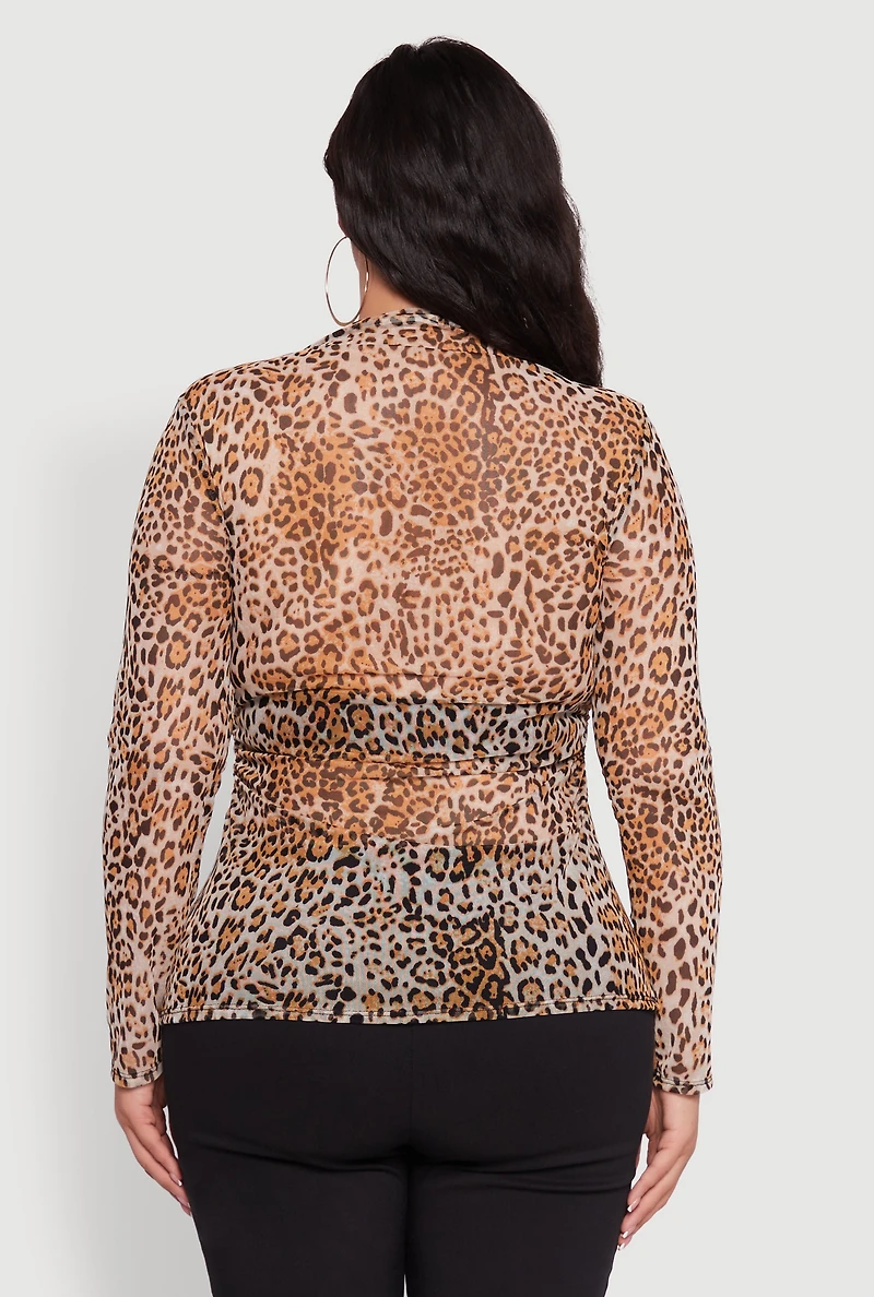Womens Plus Size Animal Print Long Sleeve High Neck Mesh Blouse, Brown, Size 3X