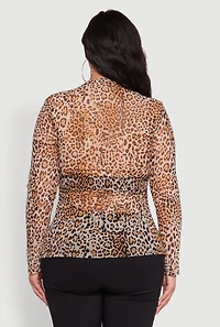 Womens Plus Size Animal Print Long Sleeve High Neck Mesh Blouse, Brown, Size 2X