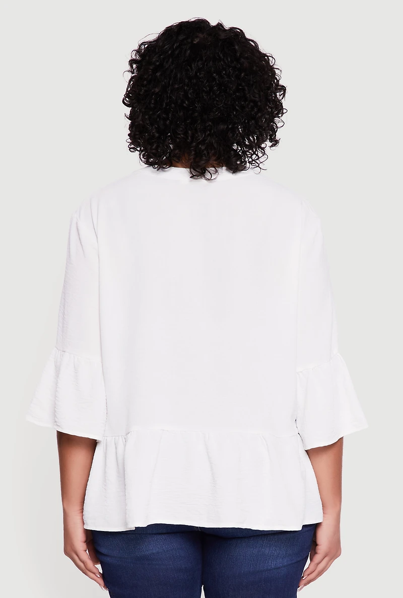 Womens Plus Size Notch Neck Peplum Top, White, Size 3X