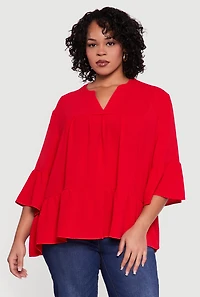 Womens Plus Size Notch Neck Peplum Top, Red, Size 2X
