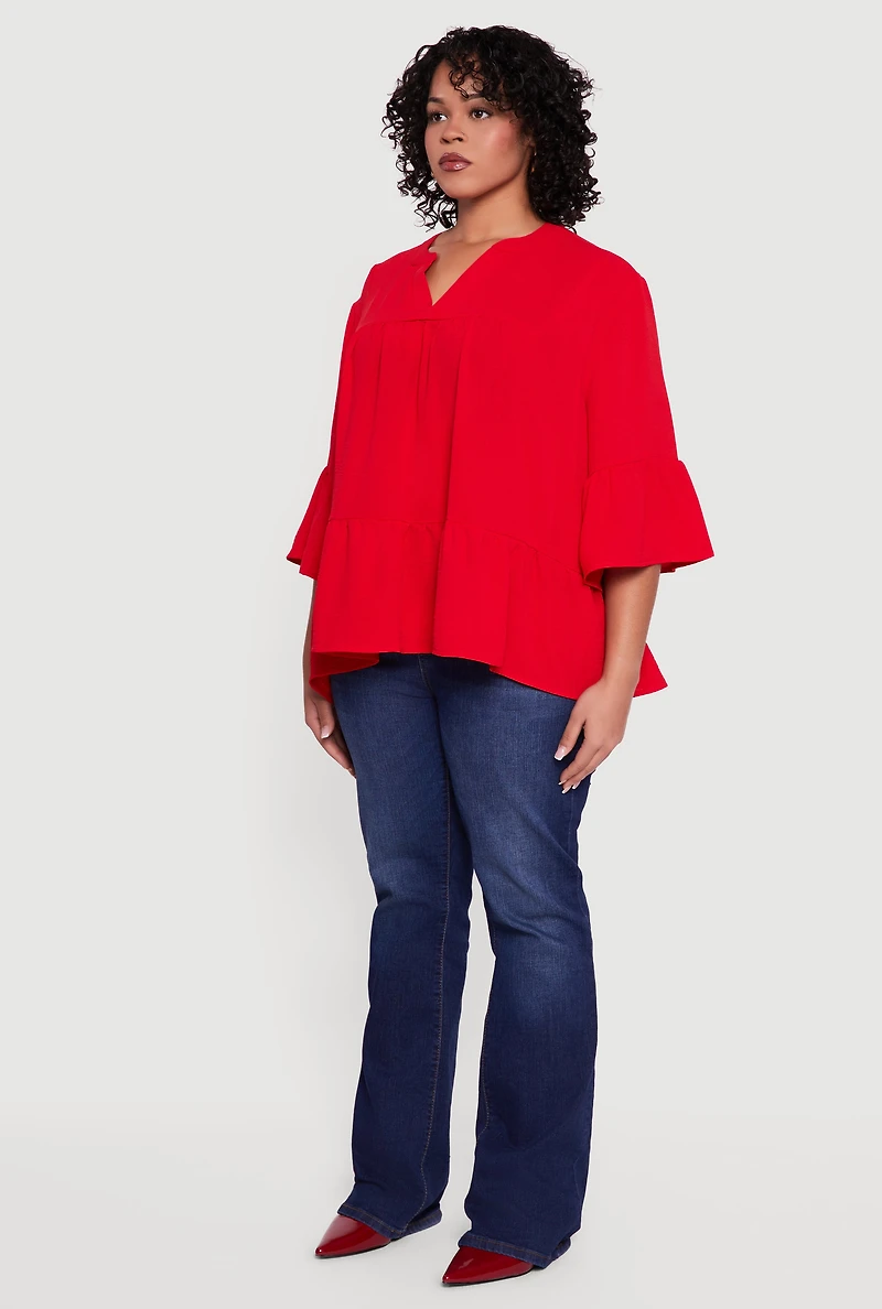Womens Plus Size Notch Neck Peplum Top, Red, Size 2X