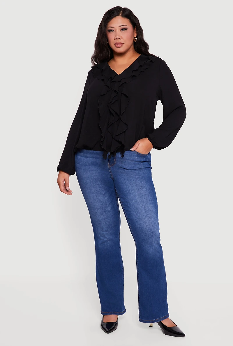 Womens Plus Sized Tiered Ruffle Trim Bubble Sleeve Blouse,