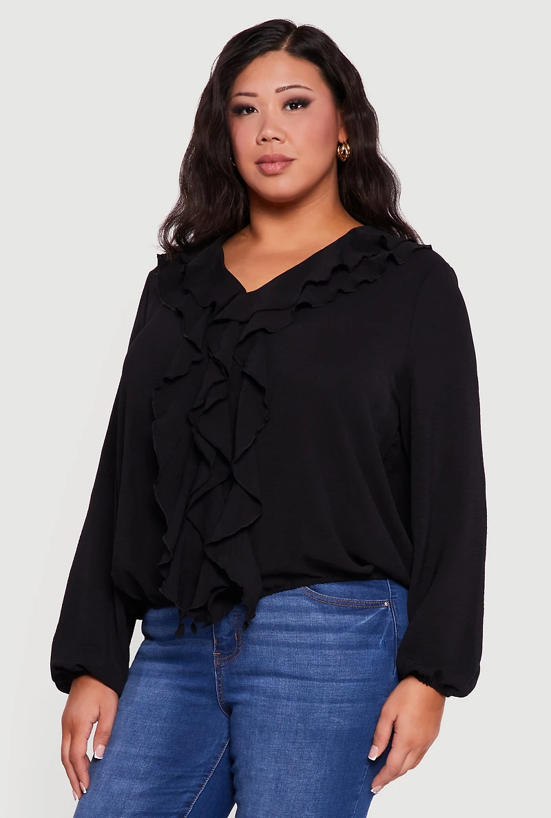 Womens Plus Sized Tiered Ruffle Trim Bubble Sleeve Blouse,