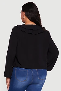 Womens Plus Sized Tiered Ruffle Trim Bubble Sleeve Blouse,