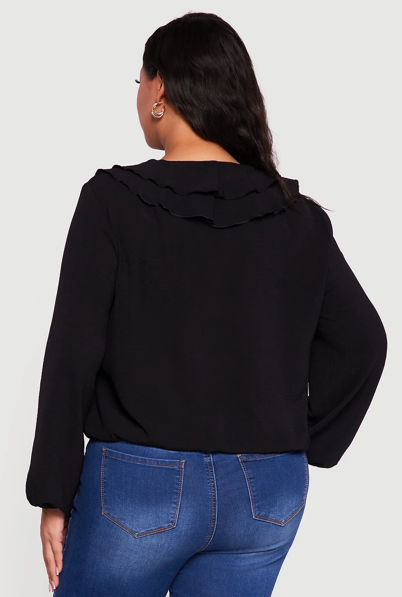 Plus Sized Tiered Ruffle Trim Bubble Sleeve Blouse