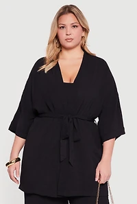 Plus Crepe Knit Kimono with Tie Waist Belt