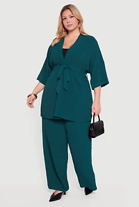 Plus Crepe Knit Kimono with Tie Waist Belt