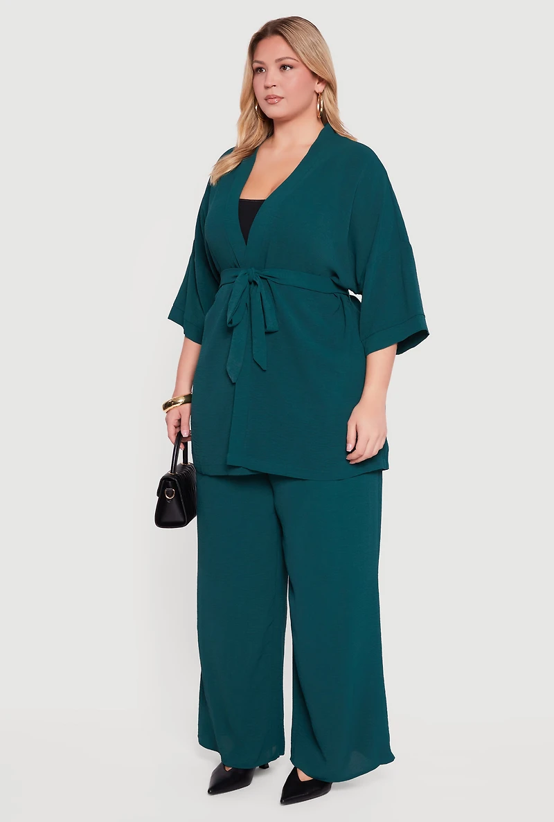 Plus Crepe Knit Kimono with Tie Waist Belt