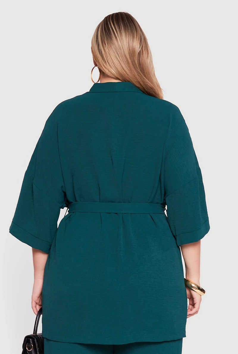 Plus Crepe Knit Kimono with Tie Waist Belt