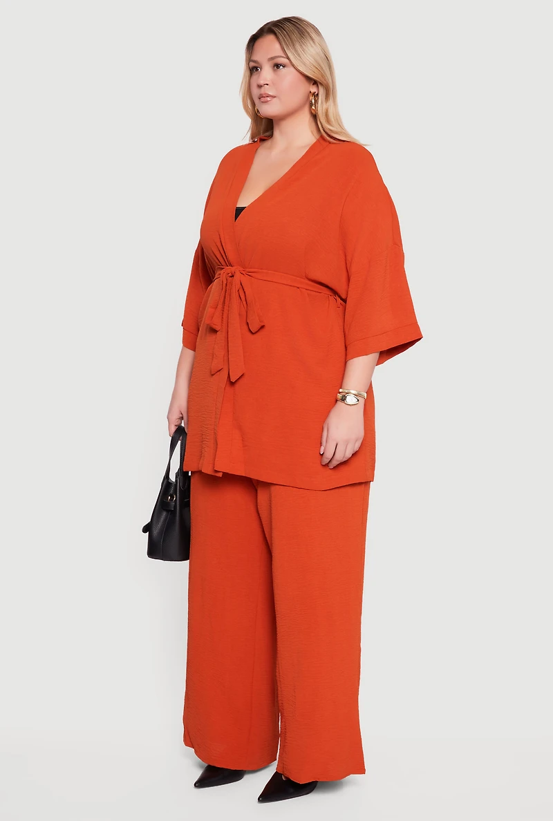 Womens Plus Size Crepe Knit Kimono with Tie Waist Belt, Orange, Size 1X