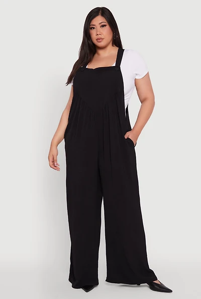 Womens Plus Size Crepe Knit Wide Leg Jumpsuit, Black, Size 3X