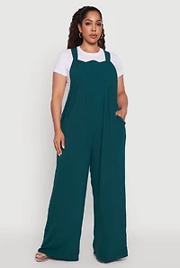 Womens Plus Crepe Knit Wide Leg Jumpsuit, Green,