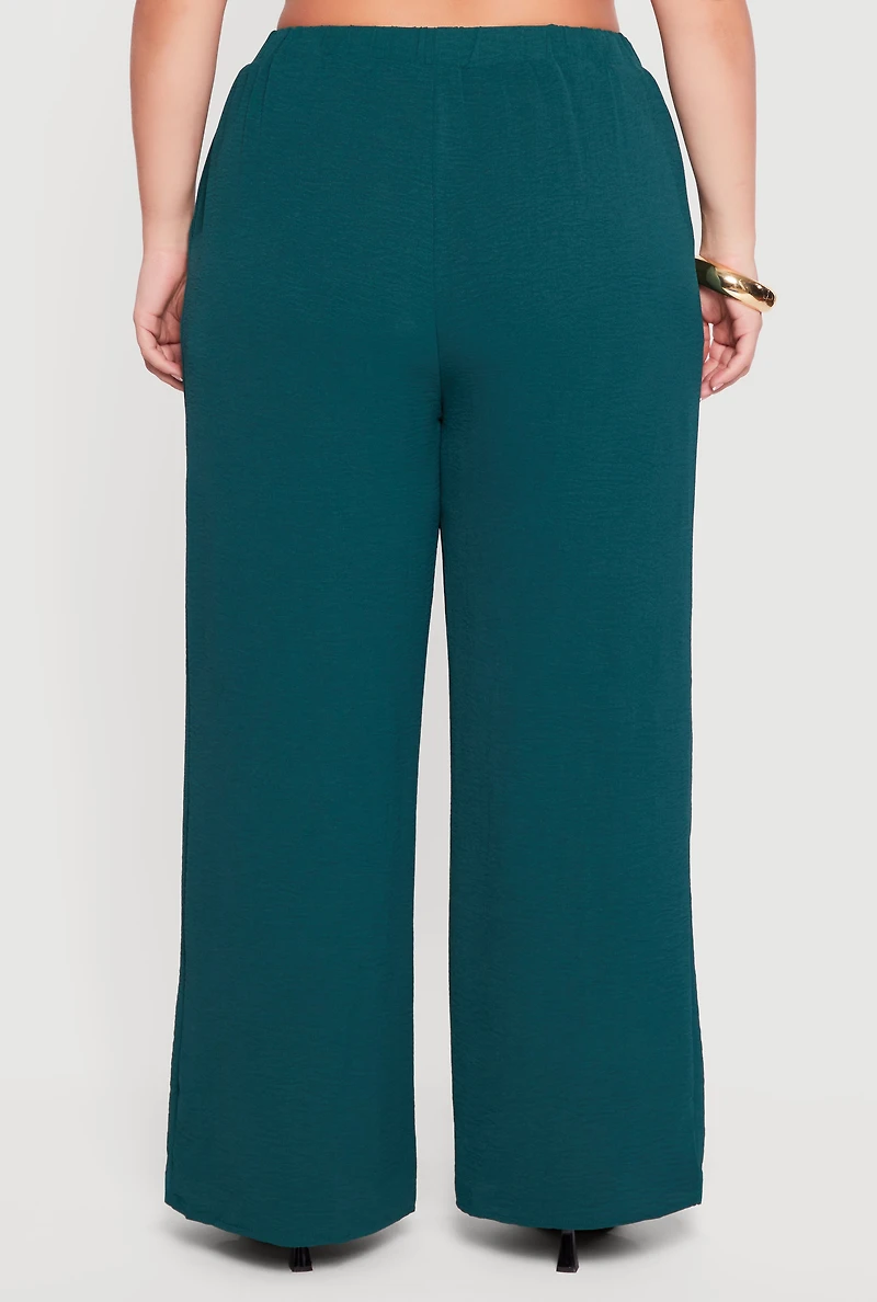 Womens Plus Size High Waisted Wide Leg Crepe Knit Casual Pants, Green, Size 1X